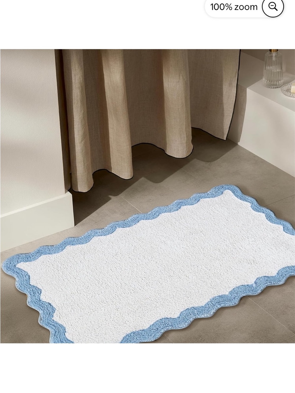 White Bath Rug with Light Blue Scalloped Edge